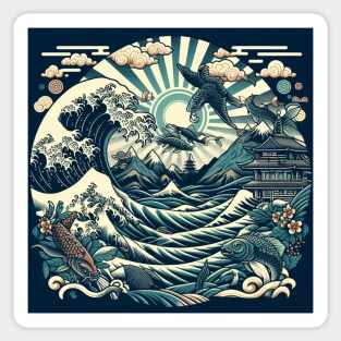 The Sea Wave and Fish in Japanese Sticker